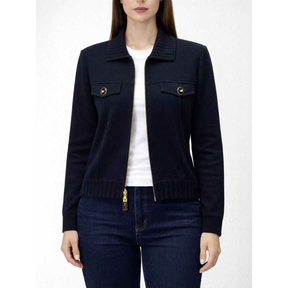 St John Collection Black Santana Knit Zip Jacket Gold Buttons Size Small USA